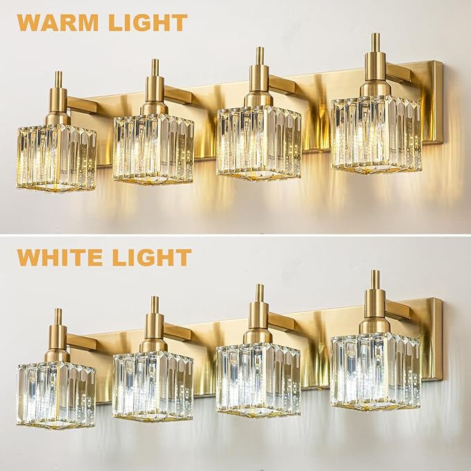 Gold Bathroom Light Fixtures, 4-Lights Crystal Bathroom Vanity Light Over Mirror Modern Gold Crystal Wall Light