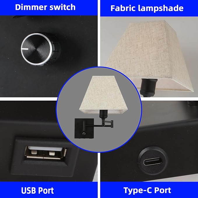 13" Modern Swing Arm Wall Lamp Plug in Wall Sconce with USB and Type-C Port Wall Mounted Lamp with Dimmable Switch Black Wall Sconce Beige Fabric Shade Suitable for Hallway Bedroom Living Room