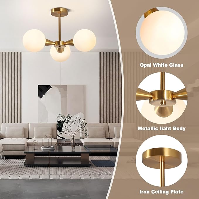 Betkas 3-Lights Semi Flush Mount Ceiling Light Fixture Brushed Gold Light Fixture Straight Bar Modeling with Milk Glass Globe for Bedroom,Living Room, Dinning Room Foyer Hallway