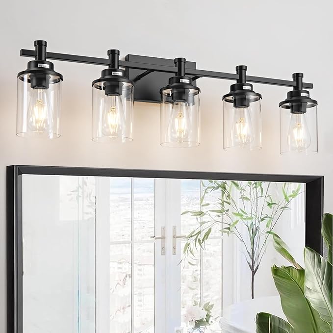 5-Light Black Bathroom Vanity Light, Modern Wall Sconces Over Mirror with Clear Glass Shade