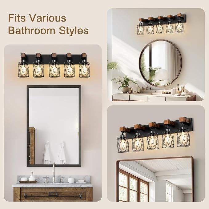 IZORRO Farmhouse Bathroom Vanity Light, 5-Light Wood Bathroom Light Fixtures Over Mirror, Black Industrial Vanity Lights with Metal Shade, Rustic Restroom Lighting Fixtures