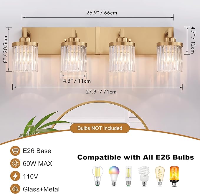 Modern Crystal Bathroom Light Fixtures, 4 Light Gold Vanity Lights, with Crystal Glass Shade, Industrial Bathroom Lighting Fixtures Over Mirror Wall Light for Bedroom Living Room