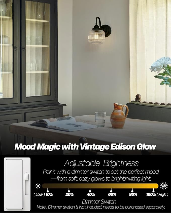 Vintage Industrial Wall Sconce Lighting with Clear Striped Glass Shade, Hardwired Wall Vanity Light Fixture for Bathroom Kitchen Living Room Bedroom Hallway