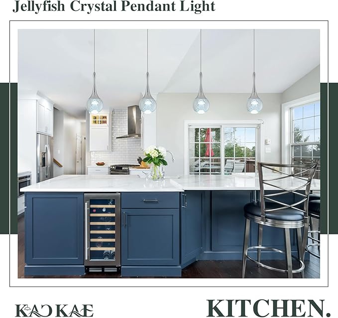 LED Pendant Light Kitchen Island Jellyfish Crystal Pendant Lights Dimmable Chrome Modern Hanging Light for Bedroom Bathroom Living Room 6000K Cool White, 1 Pack