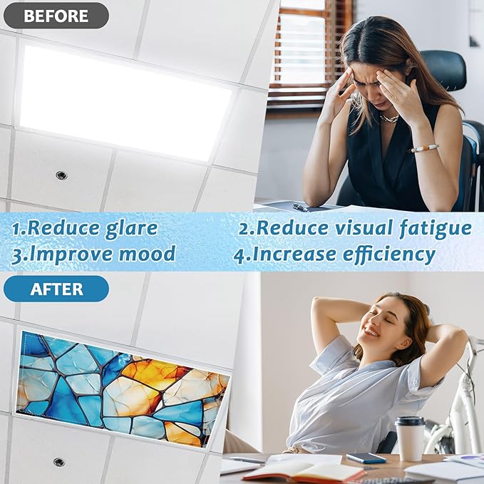 QOUBAI 6 Pcs Fluorescent Light Covers,4 x 2 Ft Magnetic Light Filters Colorful Art Fluorescent Lights Shade Easy Install for Classroom Office Library Hospital Home Ceiling Blue Glass