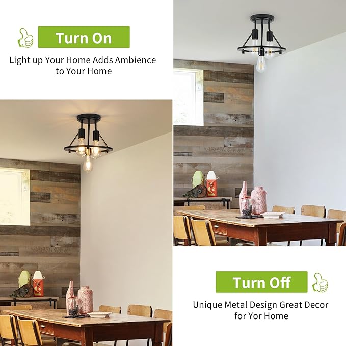 Semi Flush Mount Ceiling Light 3-Light Ceiling Light Fixtures - Black Hallway Light Fixtures Farmhouse Industrial Kitchen Light Fixtures E26 Socket Ceiling Lamp for Foyer