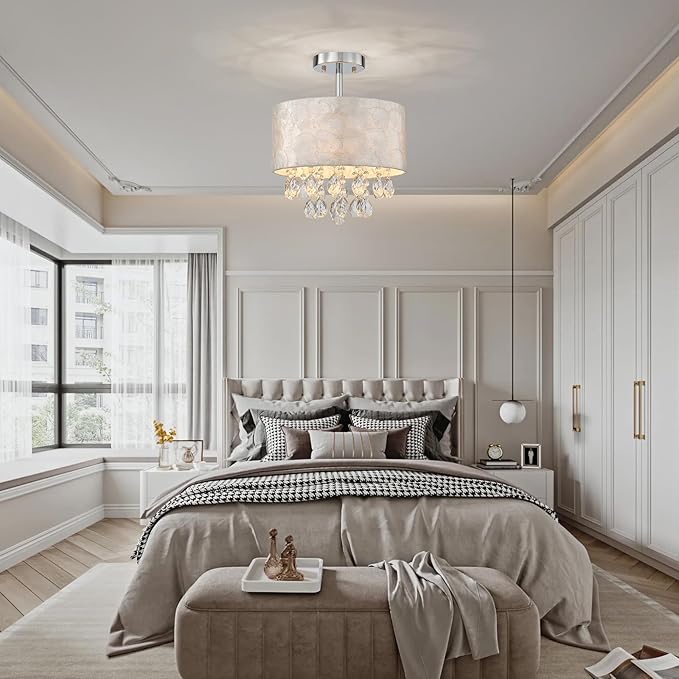 3-Light Capiz Shell Crystal Ceiling Light, Coastal Design Semi-Flushmount Drum Light Fixture for Hallway, Living Room, Bedroom, Clear Crystal & Shell Lampshade & Chrome Finish Frame