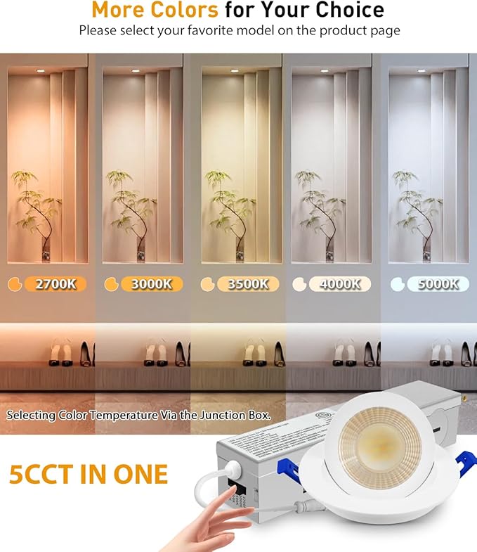 Adetu 2 Inch 5CCT Gimbal Led Recessed Lighting with Junction Box, 360°+90° Adjustable Eyeball Canless Light, 2700K/3000K/3500K/4000K/5000K Selectable, 5W Eqv 50W, 550LM Brightness - ETL(White,24 Pack)