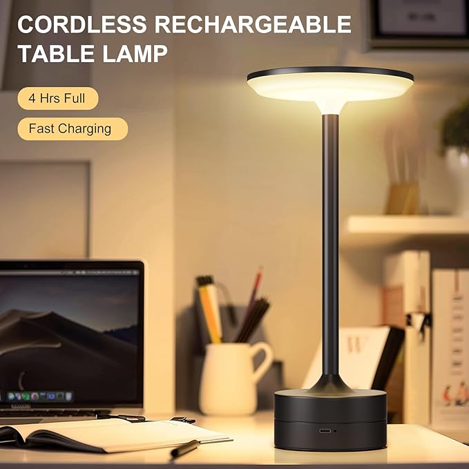 FRIDEKO HOME Cordless Table Lamp Portable LED Desk Lamp Battery Operated 3 Color Desk Light Stepless Dimming Night Light for Restaurant/Bedroom/Bars/Outdoor Party/Camping/Coffee Shop