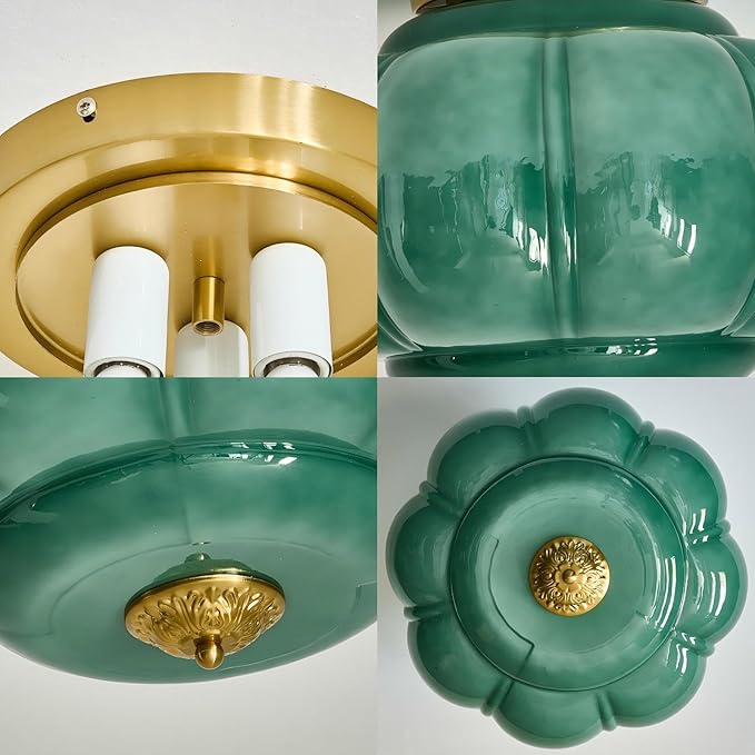 LIGHTLAND Milk Glass Ceiling Light, 15 Inch 3-Light Metal Glass Flush Mount Ceiling Light Fixture for Entryway, Hallway, Living Room, Bedroom (Style C, Green)