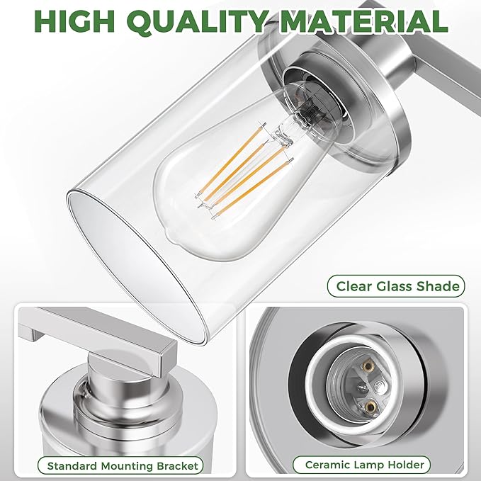 DORESshop 17 Inch Bathroom Light Fixtures, 3-Light Chrome Bathroom Lighting Fixtures Over Mirror with Clear Glass Shade, Vanity Lights for Living Room Bedroom