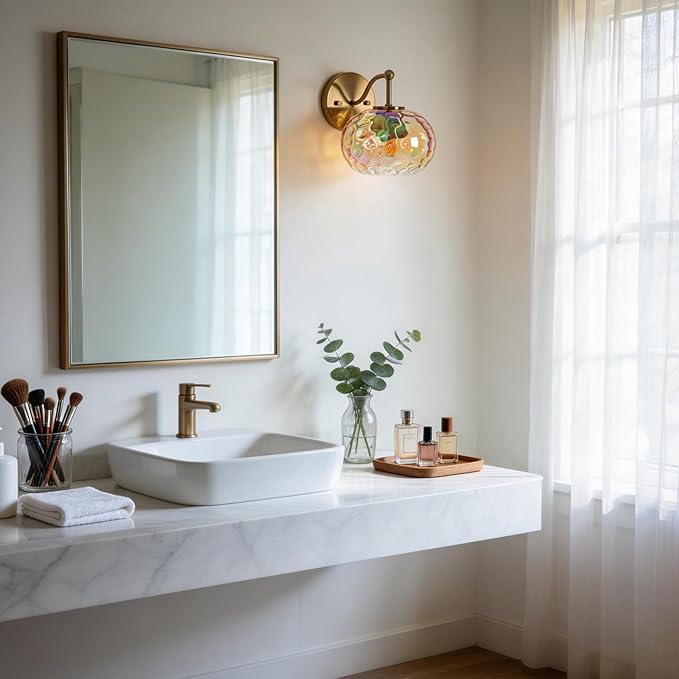 Gold Wall Sconce Light Amber Hammered Glass Vanity Lighting Brushed Brass Champagne Wall Lamp for Bathroom Over Mirror
