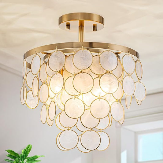 D11 inch Capiz Shell Ceiling Light, 3-Light Coastal Design Semi-Flushmount Light Fixture for Dining Room, Hallway, Bedroom, D11xH13 in, True Capiz Shell & Gold Finish Frame