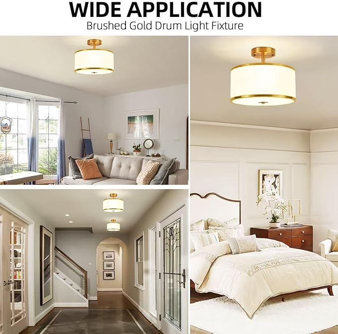 Semi Flush Mount Ceiling Light,3-Light Modern Close to Ceiling Light Fixtures, Gold Drum lamp with Fabric Shade, Hallway Light Fixtures for Foyer Bedroom Kitchen Laundry Room Living Room