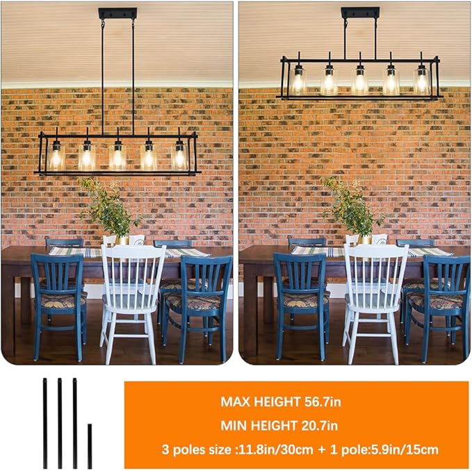 DSMJFU Black Farmhouse Rectangular Chandelier for Dining Room, 5-Light Linear Pendant Lighting, Rectangular Kitchen Island Light Fixture Over Table, Adjustable Height Chandelier Hanging Light