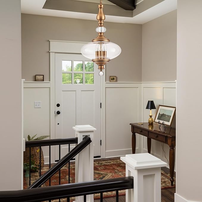 Vintage Kitchen Island Pendant Light Antique Brushed Brass Glass Pendant Light W 11.8 in. H 23.6 in. Chandelier for Living Room Dining Room Bedroom