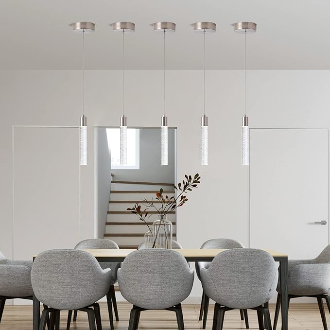 Modern Pendant Light with Adjustable Height - 3PCS Brushed Nickel & Clear Glass Cylinder Island Lights, 3000-6000K Dimmable Kitchen Pendant Lighting for Kitchen Island, Dining Room, Bar Counter