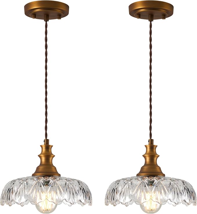 2 Pcs/Package Vintage/Antique Brass Glass Pendant Light Fixture Over Sink/Table for Kitchen Island,Farmhouse Gold Hanging Pendant Lights for Bedroom Hotel Dining Room