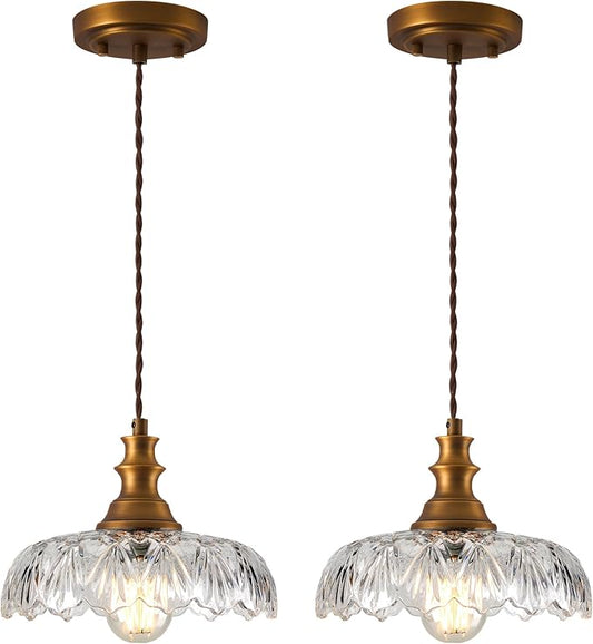 2 Pcs/Package Vintage/Antique Brass Glass Pendant Light Fixture Over Sink/Table for Kitchen Island,Farmhouse Gold Hanging Pendant Lights for Bedroom Hotel Dining Room