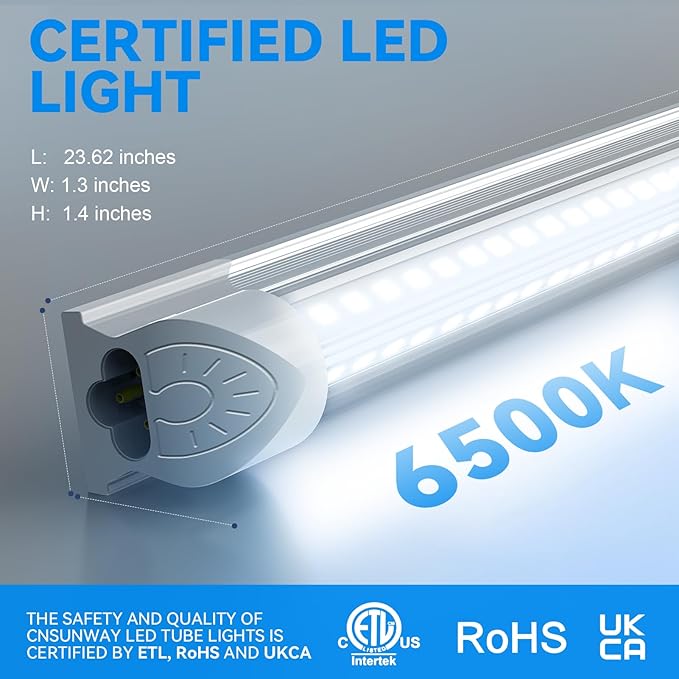 CNSUNWAY LED Shop Lights 2FT, 20W High-Efficiency Under Cabinet Lighting 6500K Cool White, V-Shaped Linkable T8 Shop Light for Workbench, Kitchen, Workshop, Basement, ETL Listed (6 Pack)