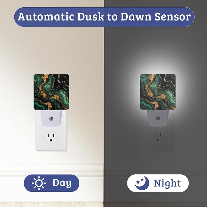 Green Black Marble Night Light, Plug-into Wall Nightlight with Dusk to Dawn Sensor, Energy Efficient Lamp for Bedroom/Bathroom/Kitchen/Hallway/Stairs