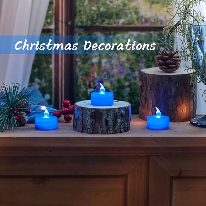 LANKER 24 Pack LED Tea Lights Candles, Flickering Blue Flameless Tealights, Long Lasting Battery Operated Fake Candles, Decoration for Halloween and Christmas (Blue - 24pcs)