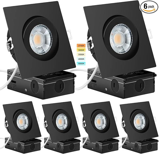 KnLnny Ware Black Square Recessed Lighting 4 inch 6 Pack with Gimbal,Canless Eyeball Recessed Lightswith Junction Box,dimmable, 5CCT Selectable,9W 750LM