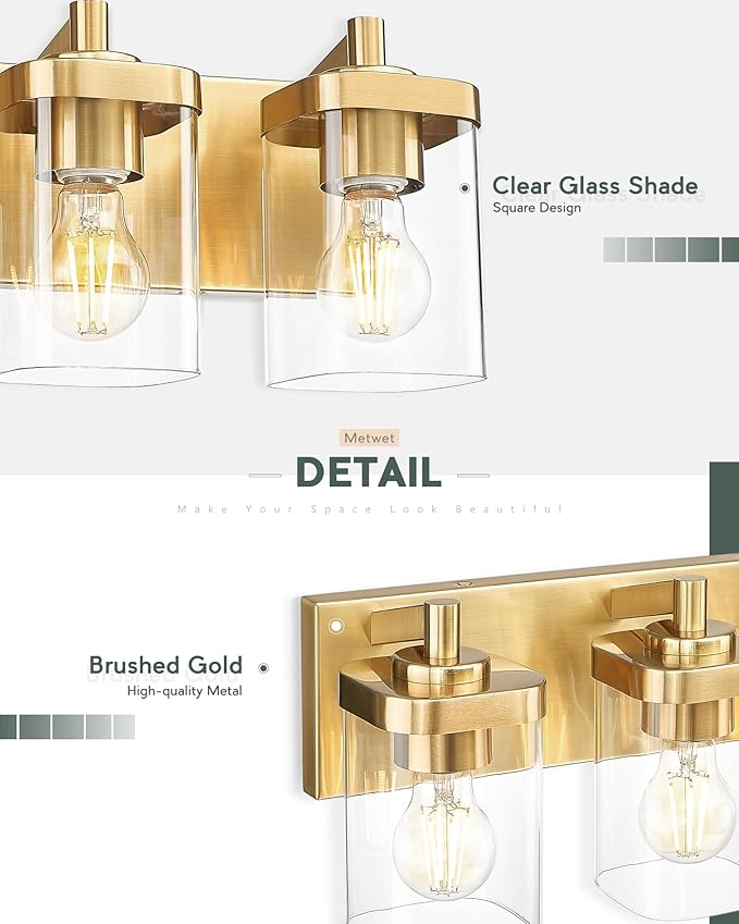 Bathroom Light Fixtures, 30" Brushed Gold Vanity Light, 5-Light Modern Wall Sconces with Square Clear Glass Shade, Vanity Lighting Fixtures Over Mirror, VL194-BG-5