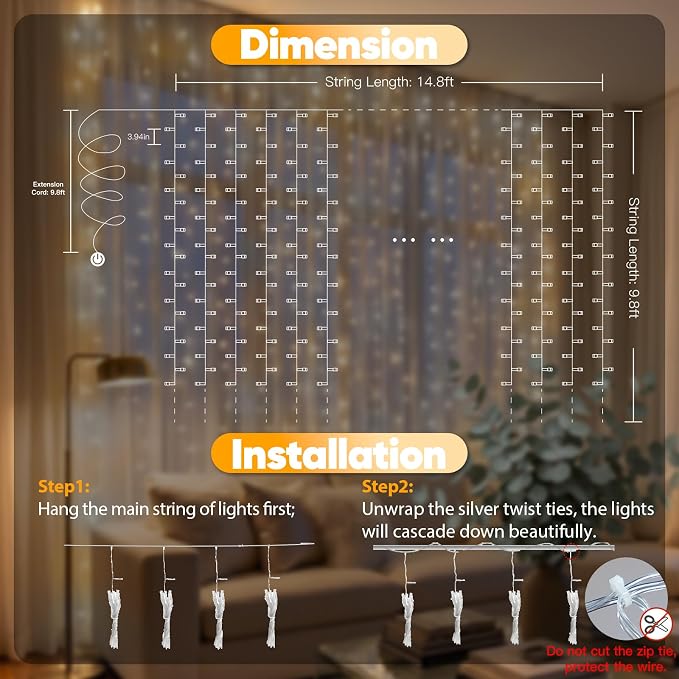 suddus Curtain Lights Outdoor, 450 LED Curtain Lights for Bedroom, Window, Wall, Wedding, Party,Warm White & White