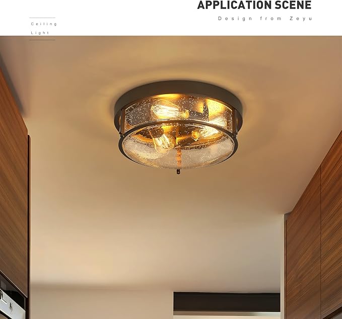 zeyu 3-Light Flush Mount Ceiling Light, 15 Inch Farmhouse Ceiling Lamp for Kitchen Living Room Porch, Oil Rubbed Bronze Finish with Seeded Glass, ZG59F ORB