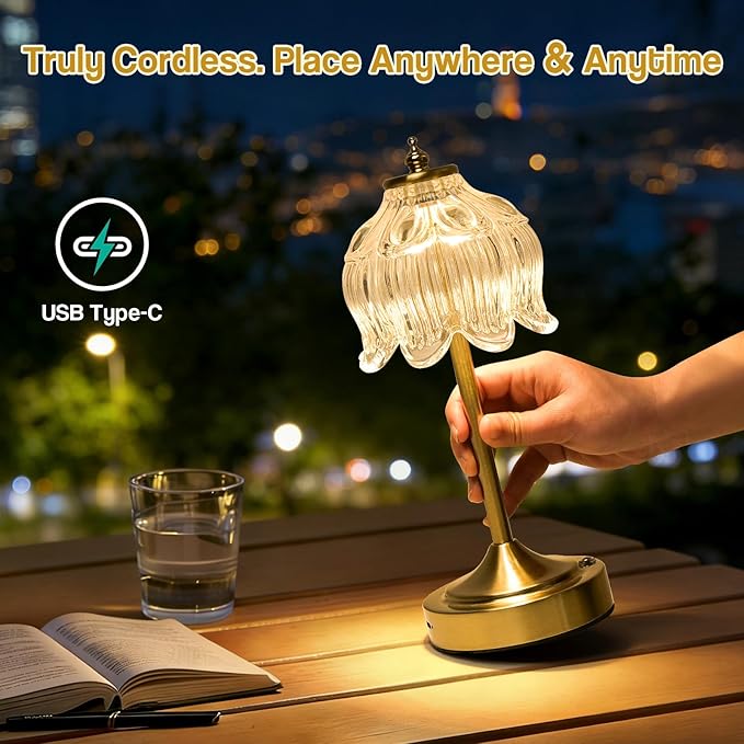 Cordless Lotus Flower Table Lamp, 5200mAh Rechargeable Battery Operated Portable Lamp, 3-Color Dimmable Touch Control Small Desk Lamp for Bedroom, Office, Kitchen, Nightstand,Room Decor (Flower Clear)