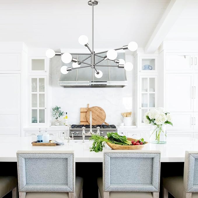 Sputnik Chandeliers Dining Room Light Fixture (10-Light, 32-Inch), Modern Brushed Nickel Chandelier, Height Adjustable Mid Century Modern Chandeliers for Living Room Entryway (Bulbs Not Included)