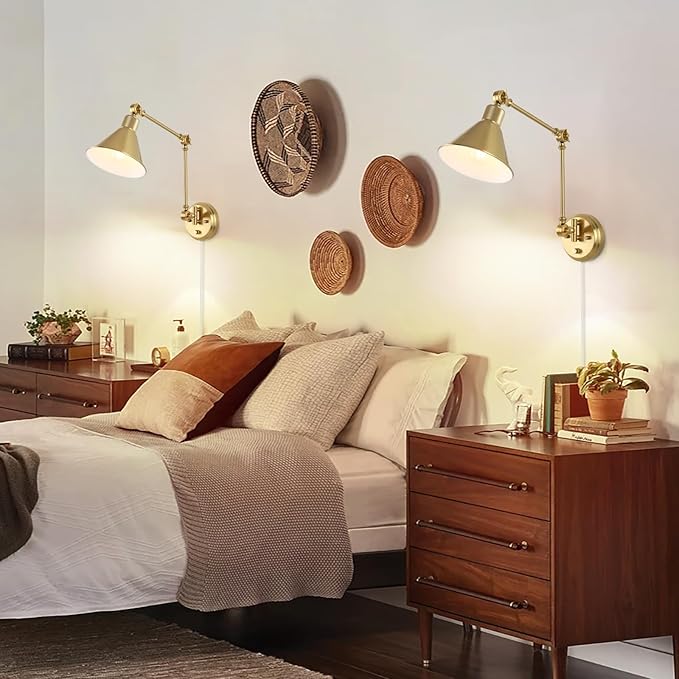 TRLIFE Wall Sconce with Remote Control, Brushed Brass Plug in Wall Sconces Dimmable and Adjustable Color Temperature 2700K-6000K, Swing Arm Wall Lights with Plug in Cord, UL Listed(2 Pack, 2 Bulbs)