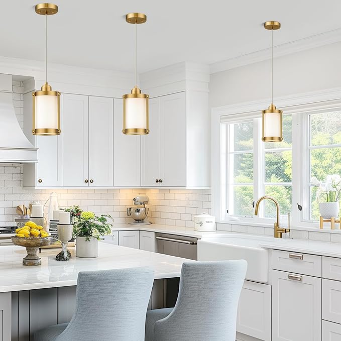 Brushed Gold Pendant Lights Kitchen Island, 1-Light Modern Brass Mini Hanging Light Fixtures with Milk Glass, Farmhouse Kitchen Pendant Lighting Over Island for Sink, OS-3014-1PBGW