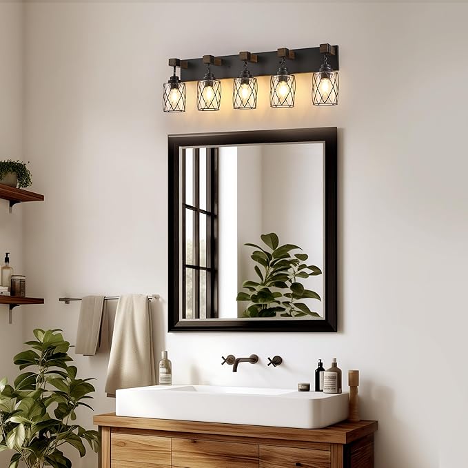 Farmhouse Bathroom Light Fixtures, 5 Light Bathroom Vanity Light with Metal and Glass Lampshade, Wood Rustic Lighting Fixtures Over Mirror, Black Wall Sconces for Living Room, Bedroom