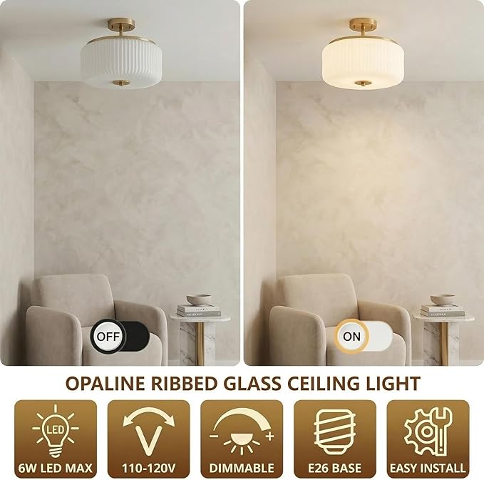 3-Light Gold Semi Flush Mount Ceiling Light, 11.8" Modern Schoolhouse Light Fixtures Ceiling Mount with Ribbed Opal Glass Shade, Anti-Glare Close to Ceiling Lamp for Bedroom Kitchen Hallway Entryway