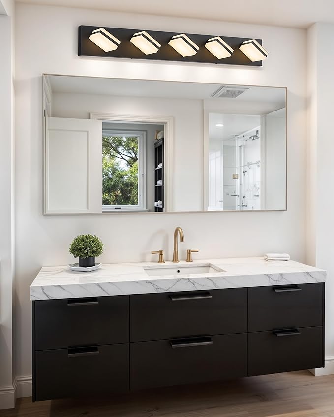 VONLUCE Bathroom Vanity Light Fixture, 5-Light Modern LED Vanity Light, 3CCT Adjustable Bathroom Lights with Memory Function Rotatable Shades, 34" Wall Lighting Fixture Over Mirror, Matte Black