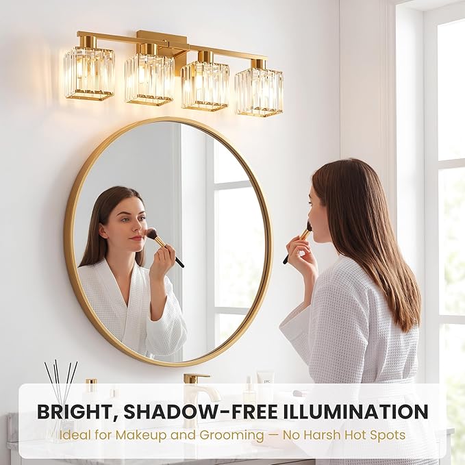 Crystal Bathroom Light Fixtures, 4-Light Brushed Gold, Vanity Lights for Bathroom Over Mirror, Modern Bath Wall Sconce for Mirror Bedroom Living Room