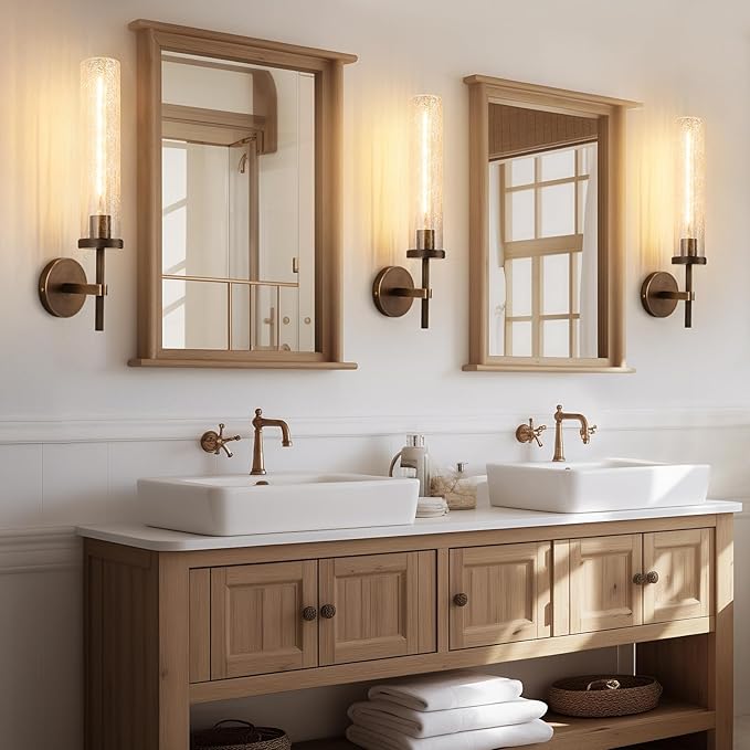 19.5" Knurled Brass Wall Sconces Set of 2, Bronze Bathroom Vanity Light Fixtures with Crackle Glass Tube, Modern Lamp Lighting for Bedroom, Living Room, Hallway, Staircase, Mirror, Kitchen
