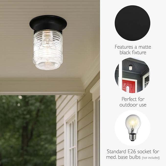 Design House Outdoor Ceiling Light, Jelly Jar Shape, Clear Ribbed Glass, Wet Rated, LED-Compatible, For Porches/Patios/Garages, Black, 4.8 in W x 5.9 in H, 587220