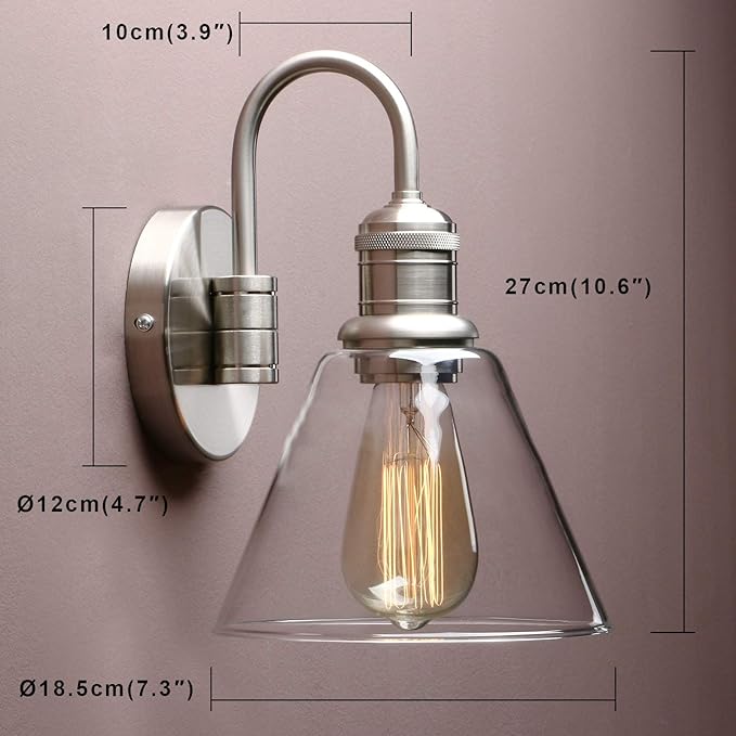 Yosoan 1-Light Brass Modern Vintage Indoor Wall Sconce, Vanity Single Luxury Hardwired Retro Textured Clear Funnel Flared Glass Shade with Industrial Curved Rod Bathroom Lamp(Brushed)
