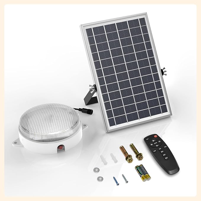 Solar Ceiling Light, Daytime & Night 6000K/4000K/3200K Solar Shed Light with On Off Switch & Remote, Dimmable Waterproof Barn Lights Indoor & Outdoor for Cabin Shelter Hallway Tools Room