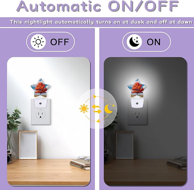 Maple Tree Decorative Nightlight Plug in Wall,Red Leaves Star Shaped Night Light with Built in Sensor for Home Decor,Kitchen Hallway Stairs Desk Lamp