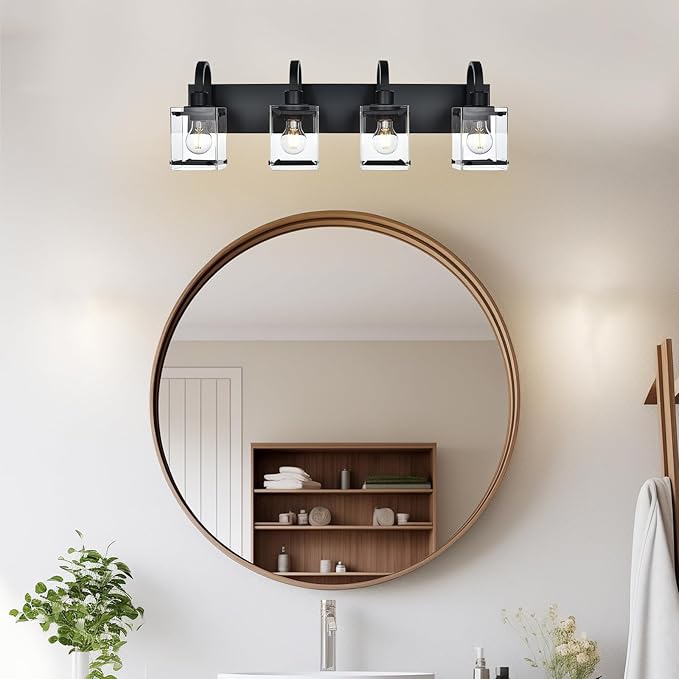 Black Vanity Light Bathroom Lighting Fixtures 4 Light Sconces Wall Lighting Mid Century Rustic Vanity Lights with with Glass Shade Porch Cage Wall Lamp for Mirror, Living Room, Bedroom