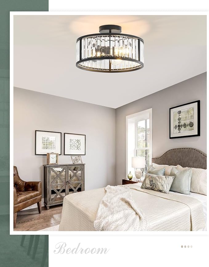 Black Flush Mount Ceiling Light, Caged Crystal Chandelier, Drum Hallway Light fixtures Ceiling Mount (14 INCH Black)