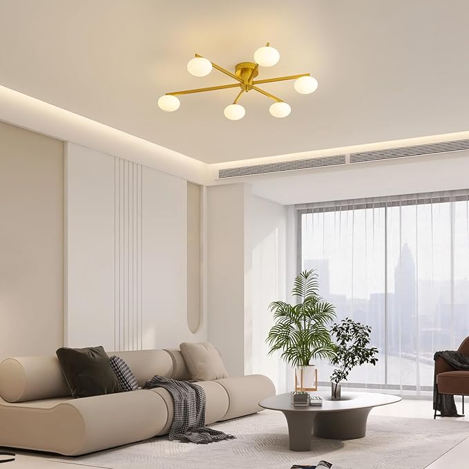 Modern Semi-Flush Mount Ceiling Light with 6 Opal Glass Shades, 39" Gold Sputnik Chandelier,Mid-Century Vintage Style, Ideal for Living Room, Dining Room, Bedroom, Cafe & Hotel