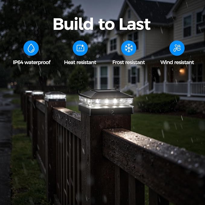 Solar Post Cap Lights, 6500K Cool White IP65 Waterproof Solar Powered Fence Light for 4x4 Wood Post & 5x5 Vinyl Fence, Deck Patio Garden Yard Outdoor Landscape Lighting, ABS Material (Black, 16pack)