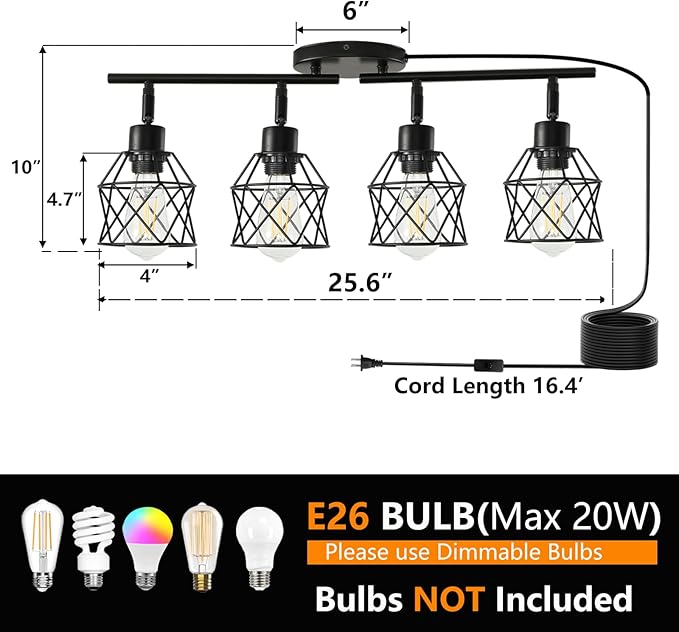 Dimmable 4 Light Plug in Ceiling Light,Black Plug in Track Lighting Kit with 16.5' Cord,Flexibly Rotatable Light Head,Modern Industrial Farmhouse Style(Bulbs Not Included)