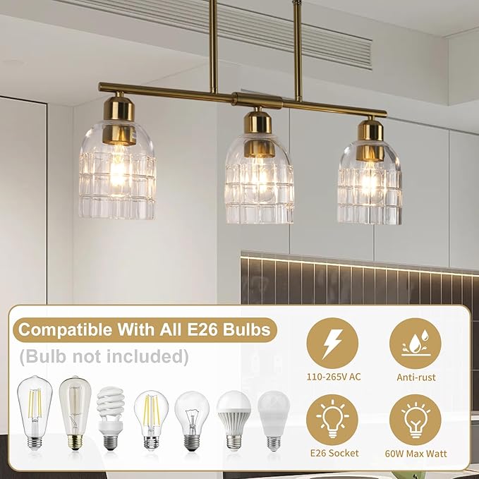FRIXCHUR Gold Kitchen Island Lighting, 3-Lights Linear Chandelier Pendant Light with Clear Glass Shade, Height Adjustable Industrial Chandelier Pendant Light for Kitchen Island Dining Room