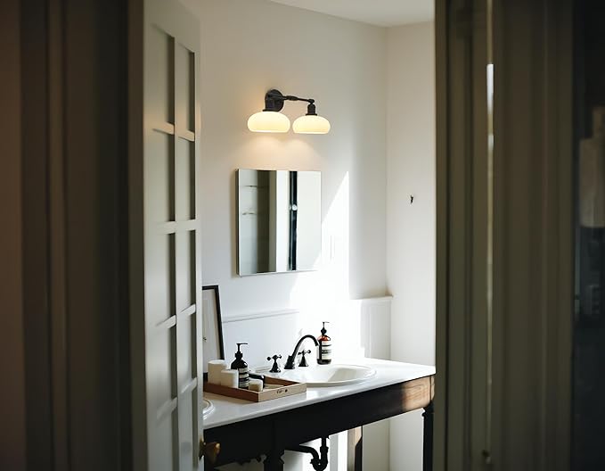 Pathson 2-Lights Milky Glass Wall Sconce, Hardwired Double Head Bathroom Sconces, Vintage Wall Lamps for Vanity Mirror, Living Room, Bedroom, Farmhouse Lighting